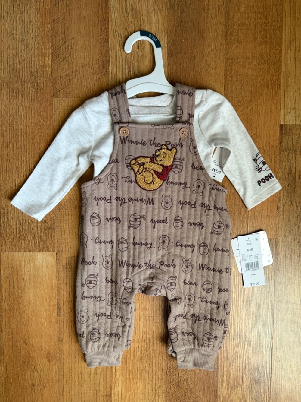 Baby 2pc Disney Winnie The Pooh Long Sleeve Bodysuit & Overalls Set - Tan 0-3M - Picture 2 of 8